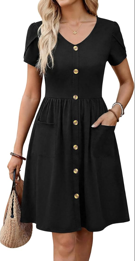 Womens Summer Dress Mini Petal Short Sleeve Dresses Pleated Button Down V Neck Floral Beach Swing Vacation Dress
